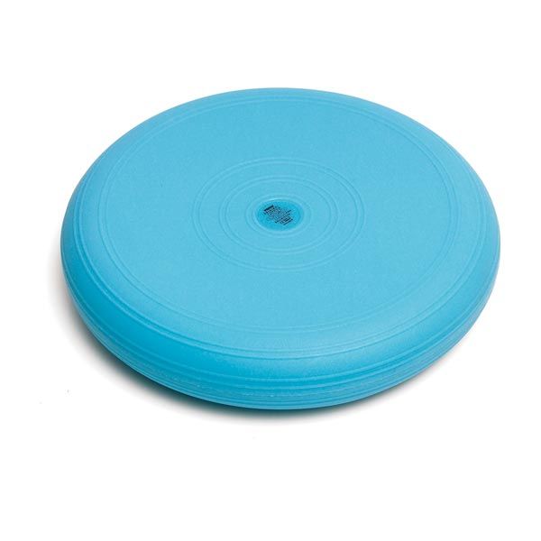 Rundes, türkisfarbenes Kissen mit geriffelter Oberfläche. Mittig Logo. Fitness-Produkt.