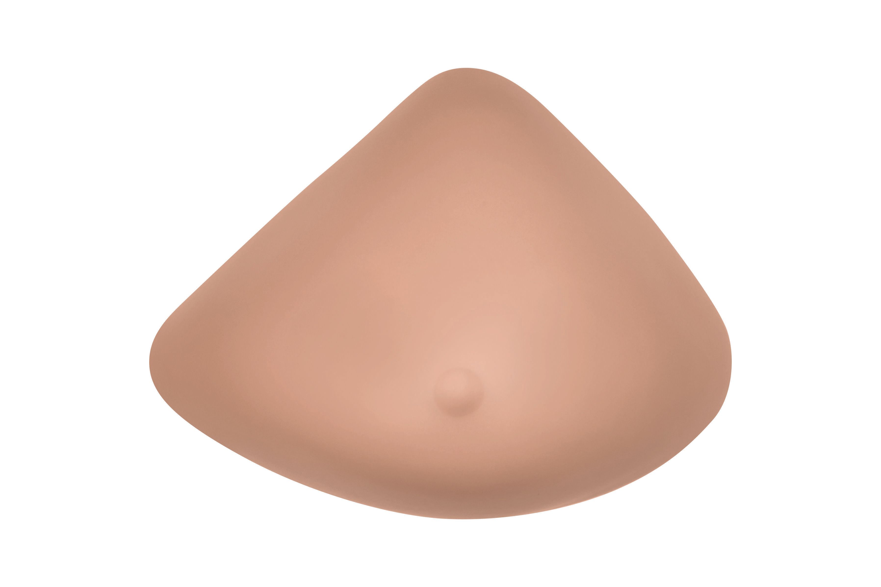 Brustprothese in mittlerer Form. Hautfarbenes, dreieckiges Design mit einer kleinen Erhebung.