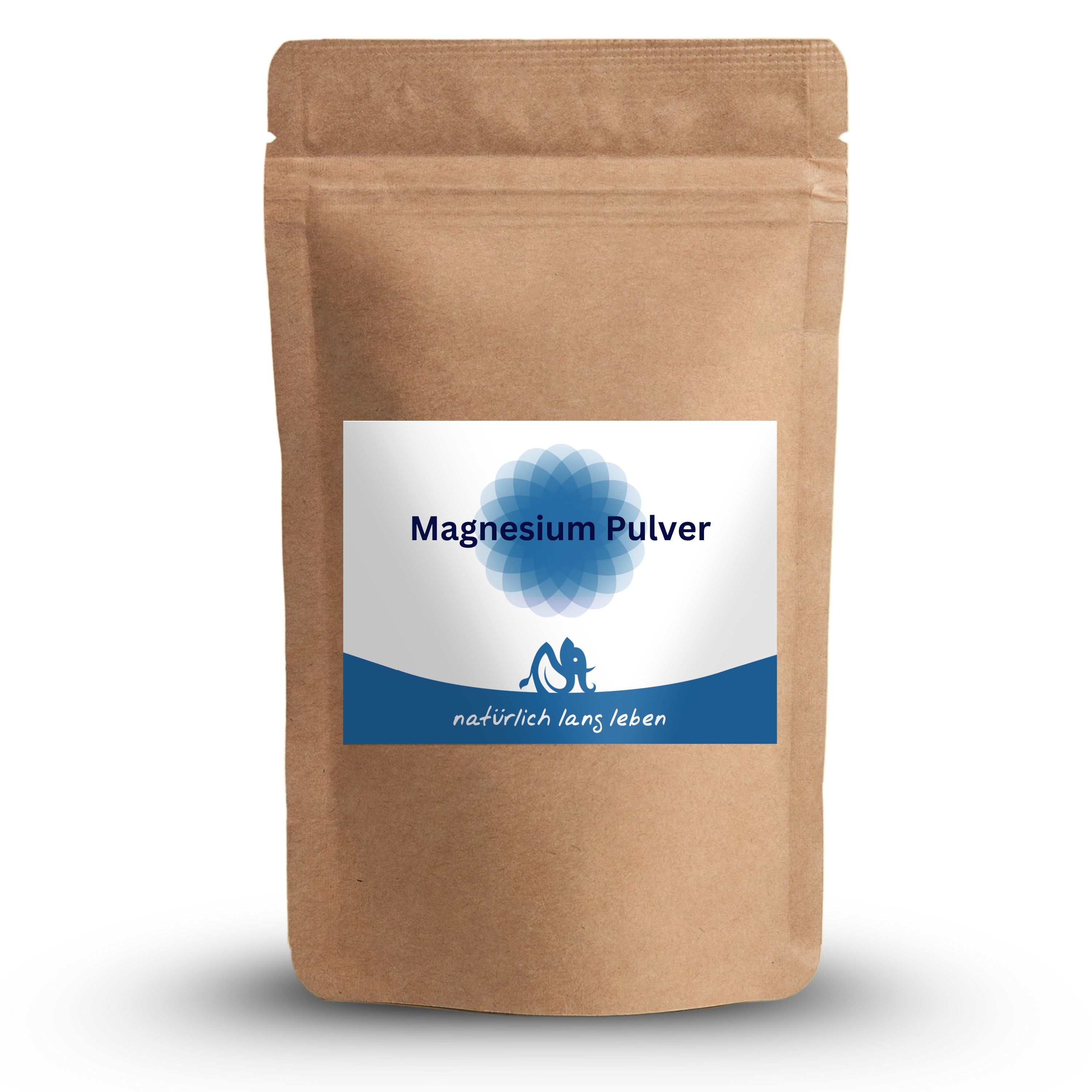 Braune Tüte mit blau-weißem Etikett. Aufschrift: Magnesium Pulver und natürlich lang leben.