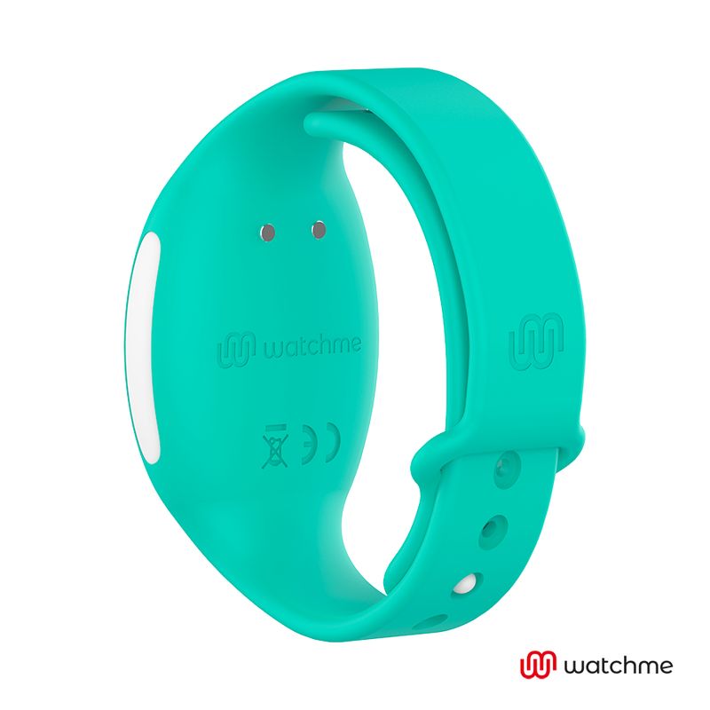 Grünes Armband mit weißem Knopf und Logo. Das watchme-Logo ist unten rechts. CE-Kennzeichnung.