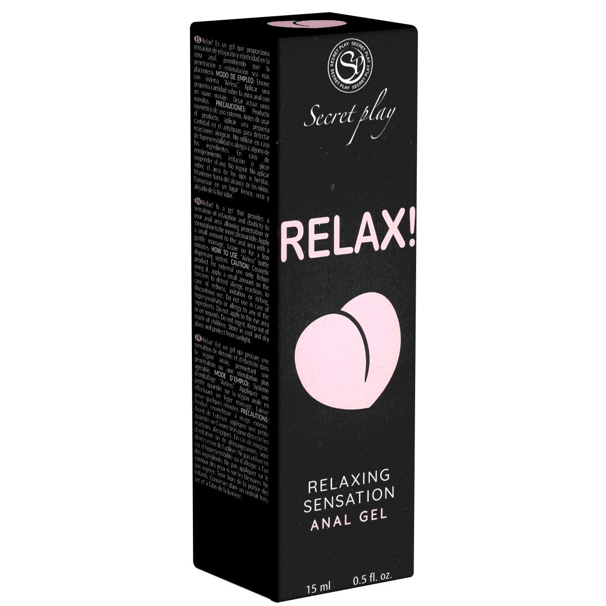 Emballage noir pour le gel anal Secret Play Relax. Le produit est présenté dans une boîte rectangulaire avec des lettres roses et un symbole de fesses rose. Le texte indique : Relax ! Gel anal sensation relaxante. 15 ml / 0,5 fl. oz.