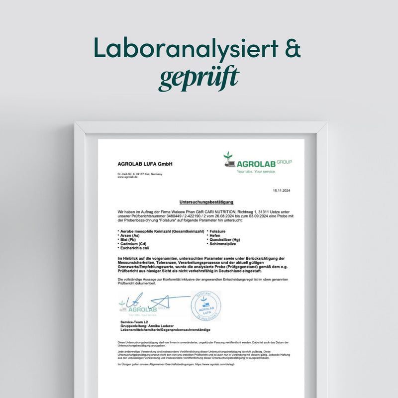 Laboranalysiert & geprüft Zertifikat von Agrolab GmbH für Cari Nutrition.