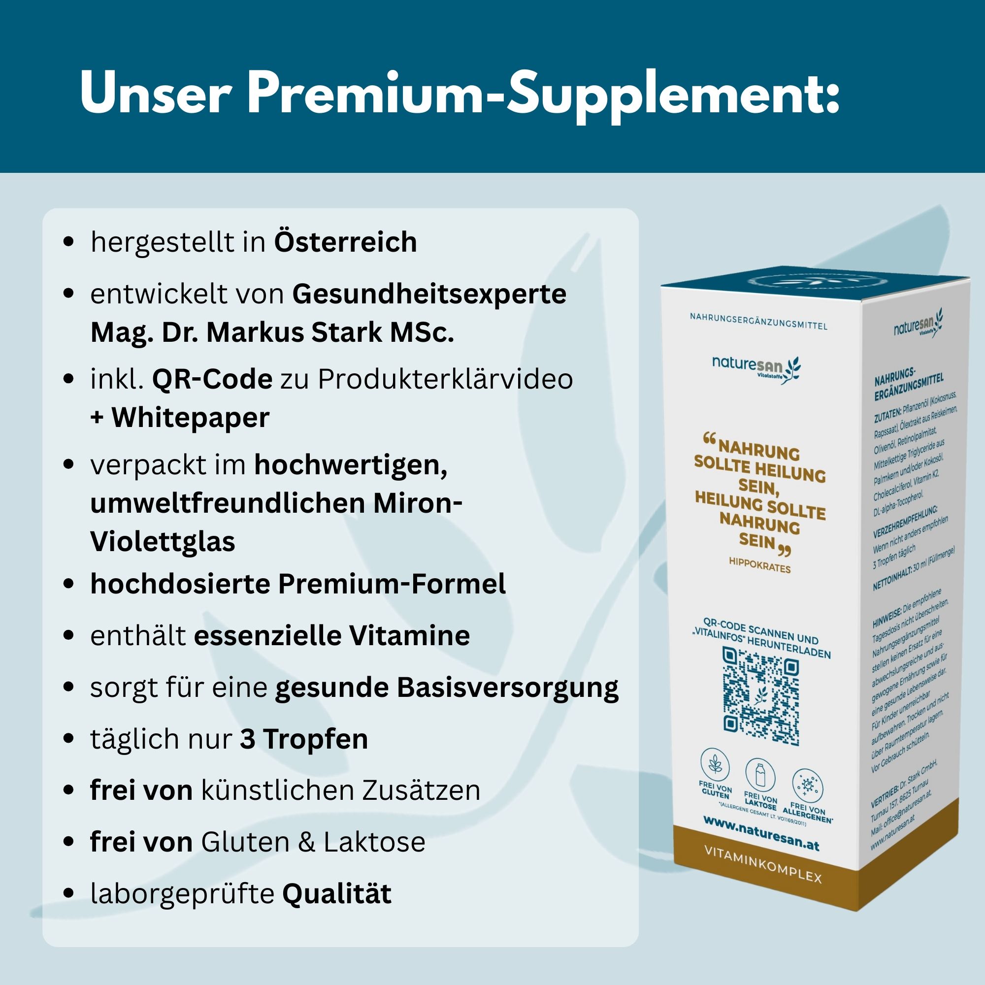 Produktverpackung mit Text und QR-Code. Enthält Informationen über die Inhaltsstoffe und Qualität.