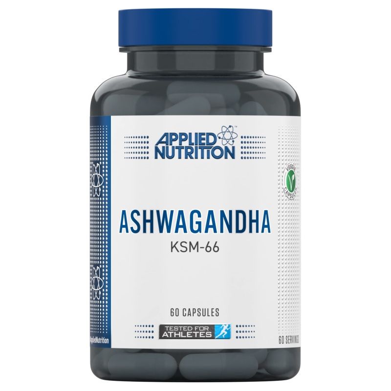 Dunkle Flasche mit Kapseln. Aufschrift: Applied Nutrition Ashwagandha KSM-66. 60 Kapseln. Vegan-Siegel. Getestet für Athleten.