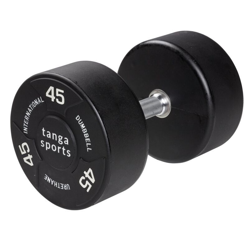 Schwarze Kurzhantel mit 45 kg Gewicht. Auf der Seite steht "tanga sports" und "45". Urethan-Material.