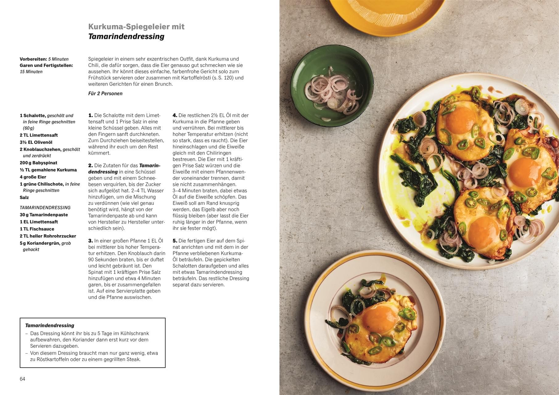 Buchseite mit Rezepten und Bildern. Gerichte auf Tellern. Zutaten und Anweisungen. Kochbuch-Layout.