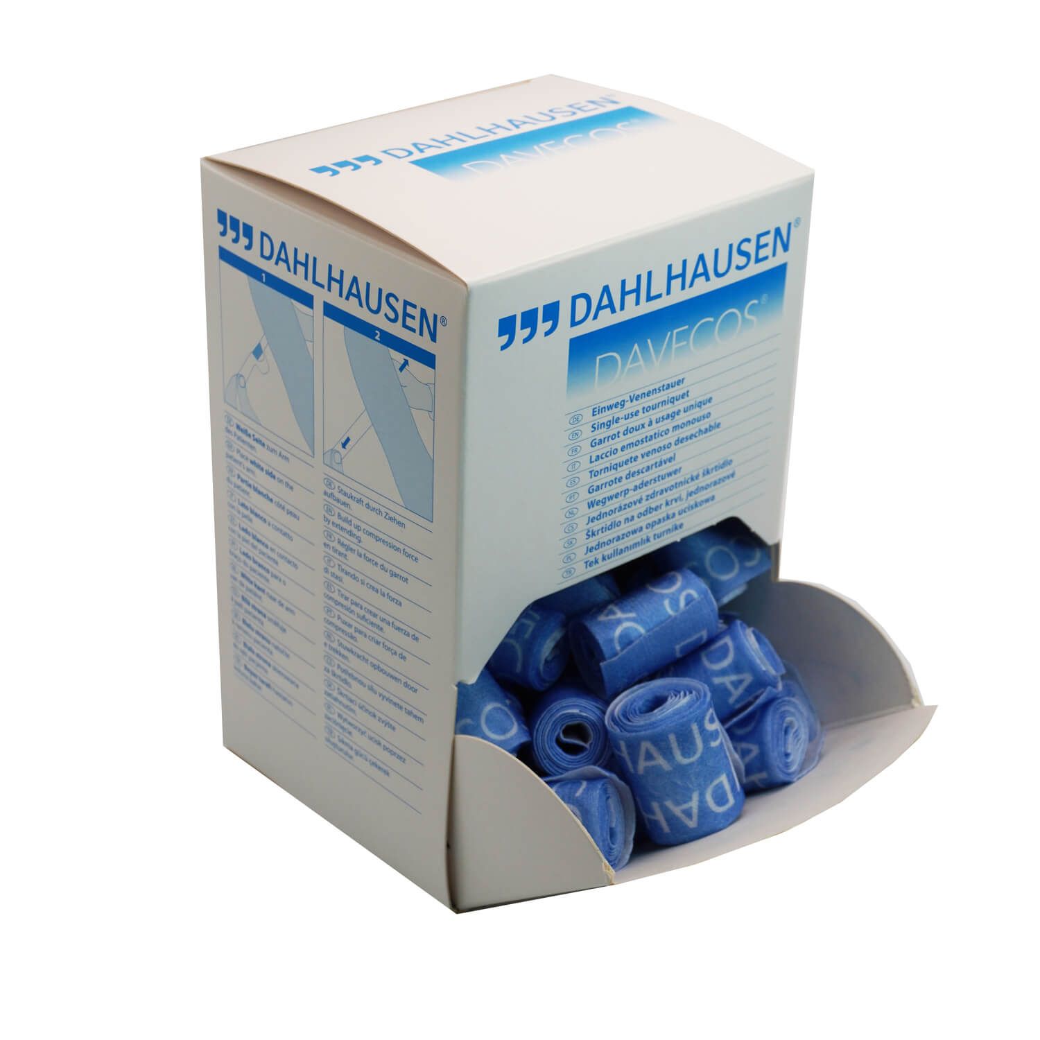 Weißer Karton mit blauen Rollen. Aufdruck: DAHLHAUSEN, DAVECOS. Spenderkarton für Einweg-Vlies/Klett.
