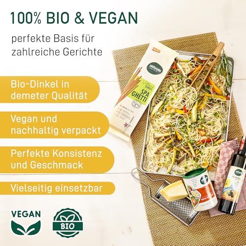 Naturata Dinkel-Vollkorn-Spaghetti, zubereitet in einer Schale, mit Zutaten und Verpackung.