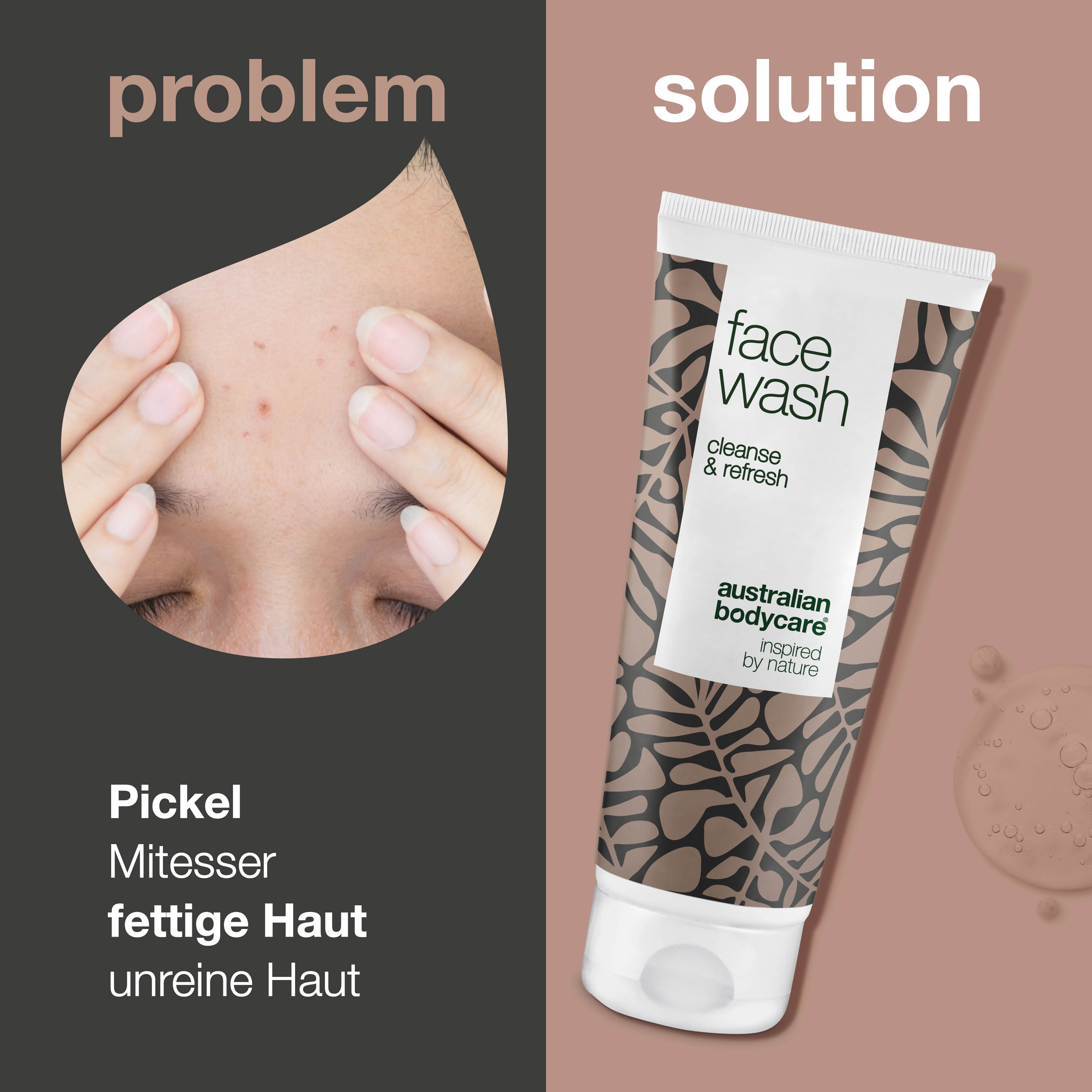 Vergleich von Hautproblemen und Gesichtswaschgel. Aufschrift: face wash. Marke: Australian Bodycare.