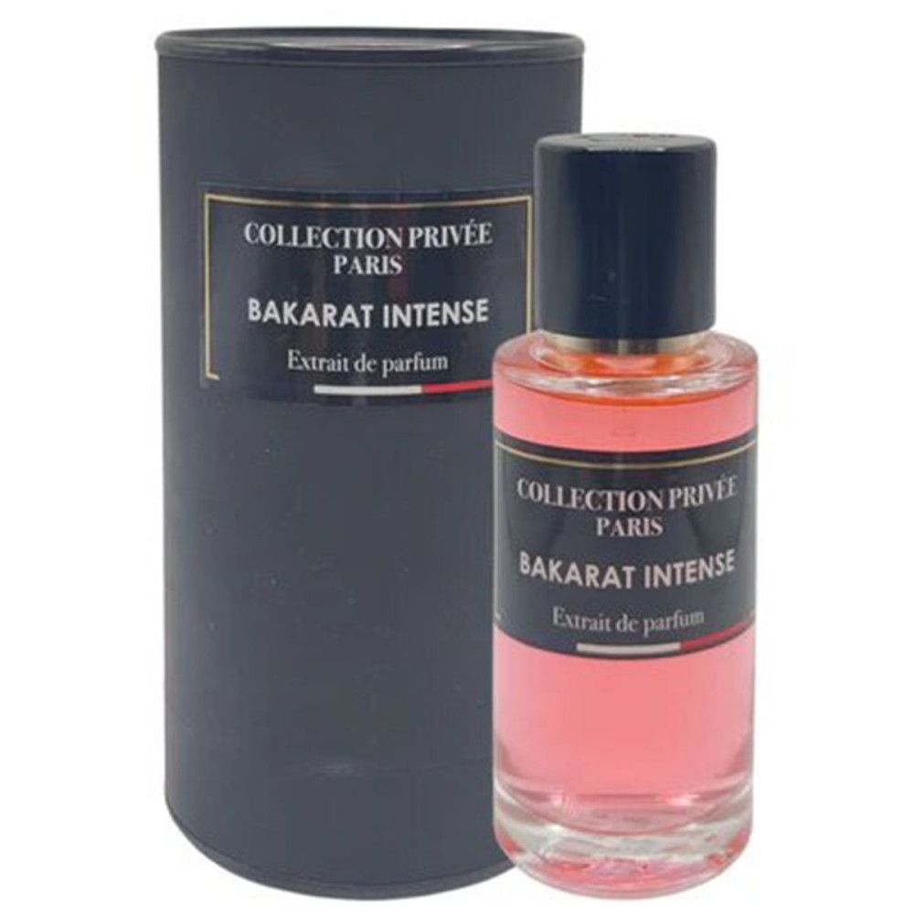 Parfümflasche und Zylinderverpackung. Aufschrift: Collection Privée Paris, Bakarat Intense, Extrait de parfum.