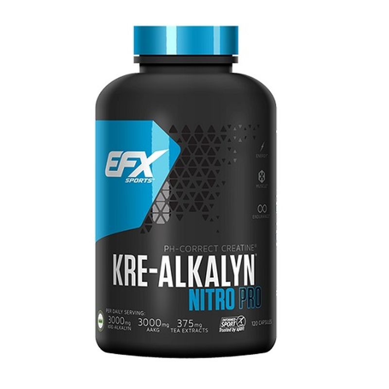 Schwarze Flasche mit blauem Deckel. Aufschrift: EFX SPORTS, KRE-ALKALYN NITRO PRO. Enthält Kapseln.