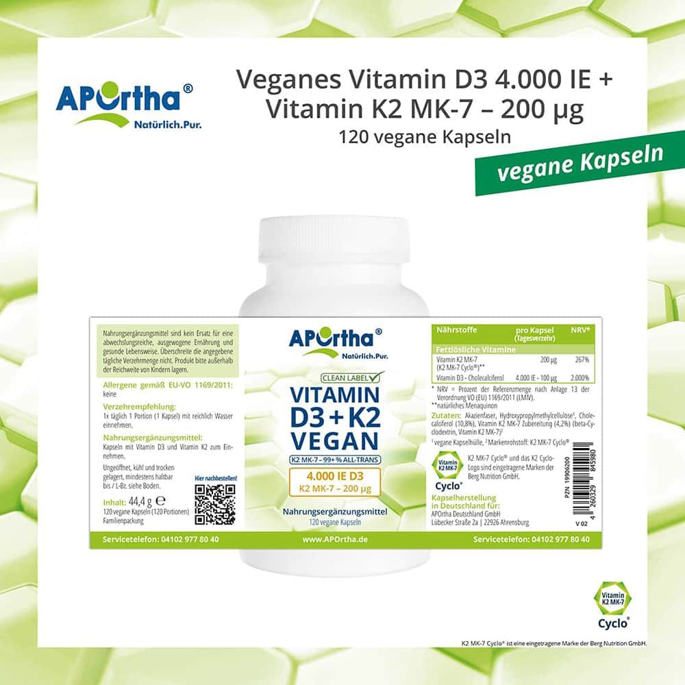 Etikett mit Nährwertangaben und Inhaltsstoffen. Enthält Informationen zu Vitamin D3 und K2. Zeigt auch die Marke und Kontaktinformationen.
