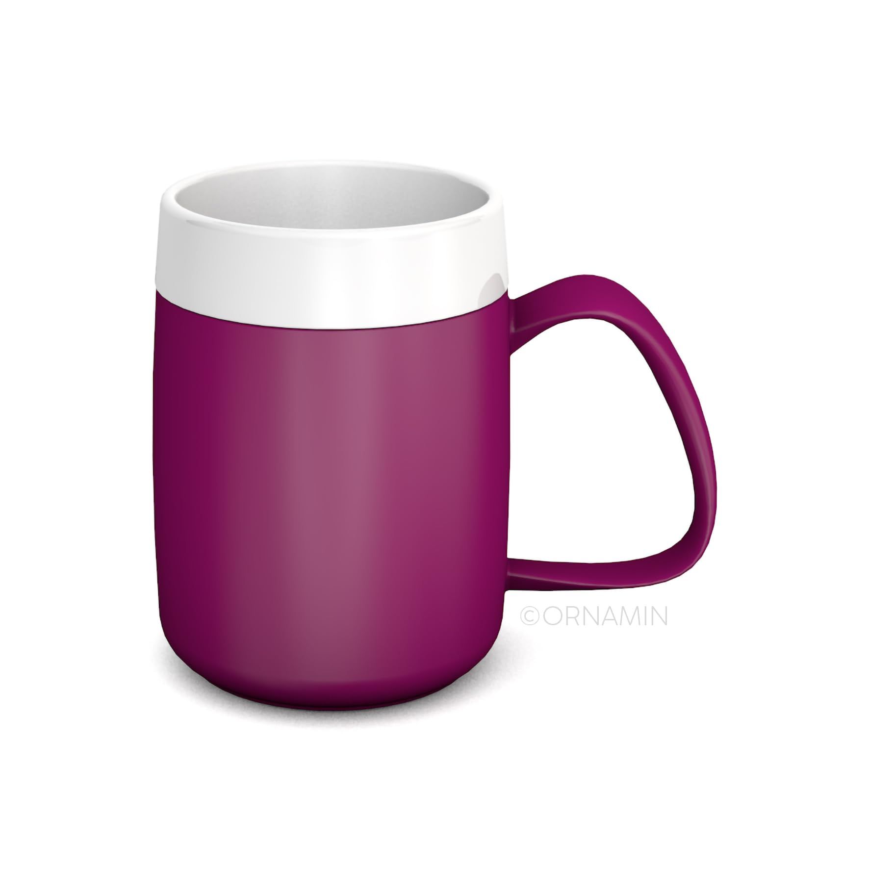 Becher mit großem Henkel, lila, weißer Rand, Henkel rechts. ORNAMIN-Logo.