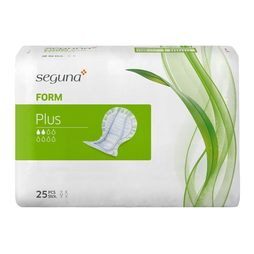 Verpackung von SEGUNA Form Plus. Weißer Hintergrund mit grünem Akzent. Produktabbildung und Tropfensymbol. 25 Stück.