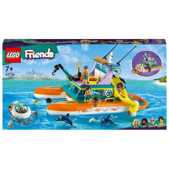 LEGO Friends 41734 Catamarano di salvataggio, barca giocattolo con animali e sottomarino, set Educa. La confezione mostra un colorato catamarano giocattolo con personaggi, scivolo e sottomarino. Il set è adatto a bambini dai 7 anni in su.