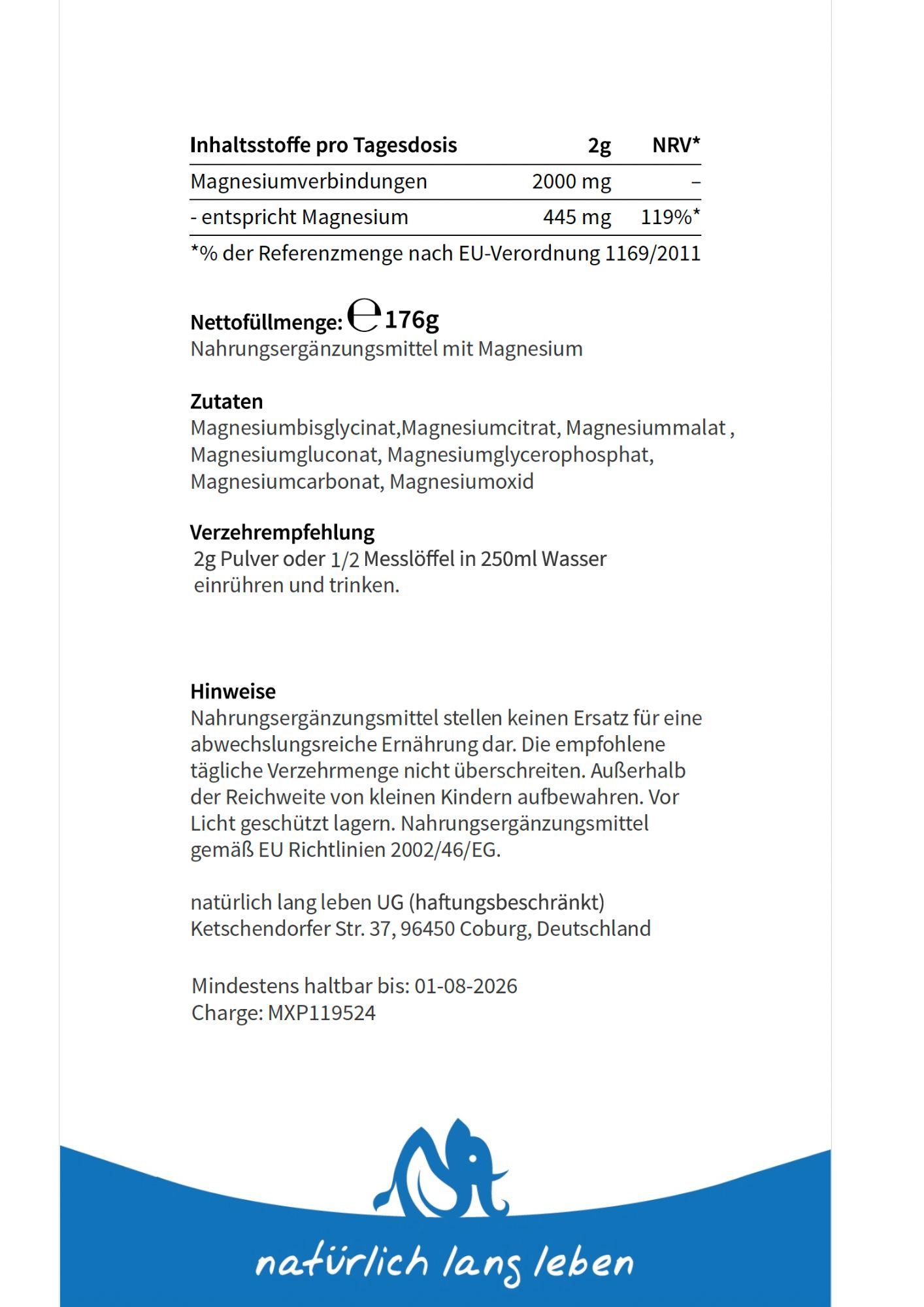 natürlich lang leben Magnesium 7 Pulver