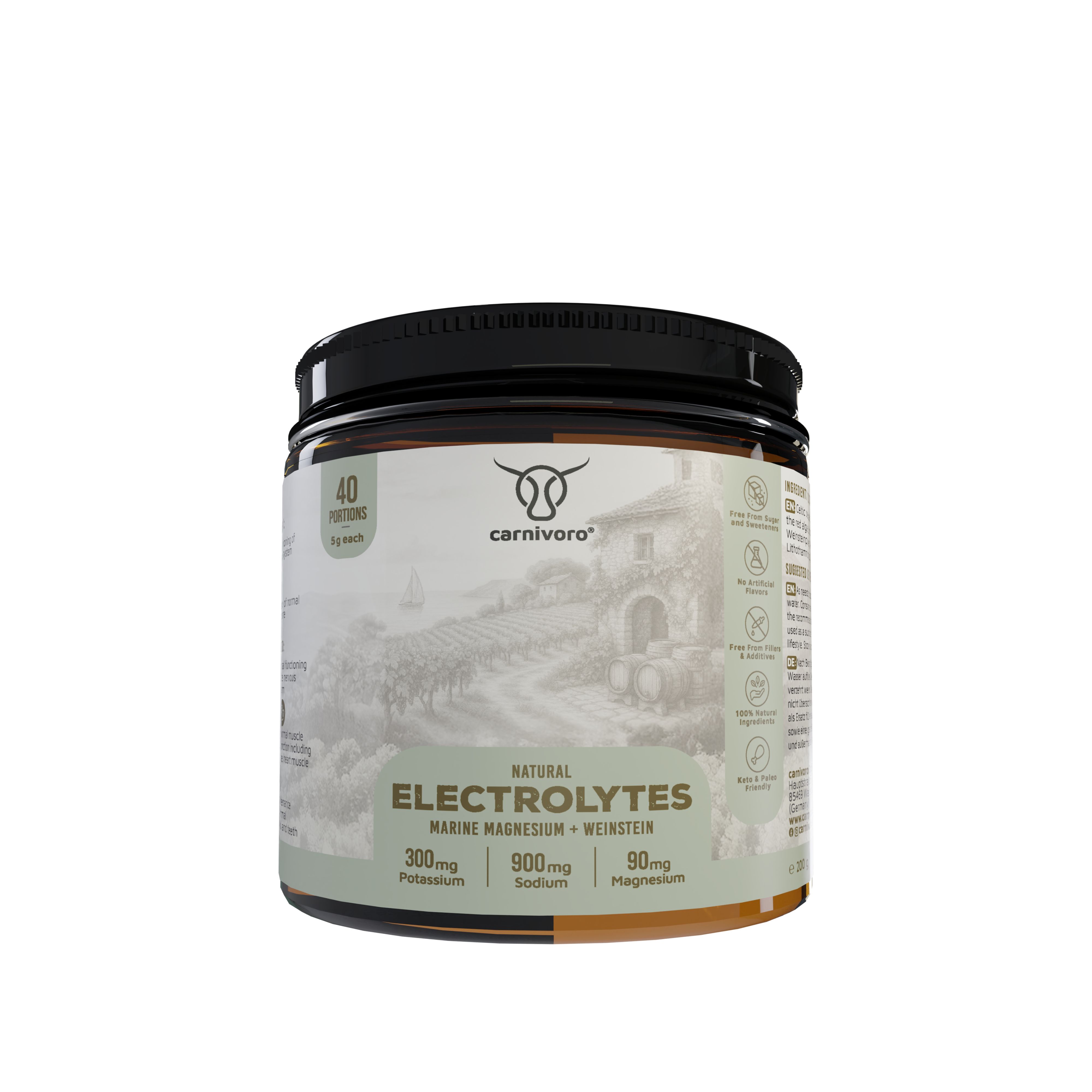Braune Dose mit schwarzem Deckel. Aufschrift: carnivoro, Natural Electrolytes. Enthält 40 Portionen. Angaben zu Mineralien: Kalium, Natrium, Magnesium.