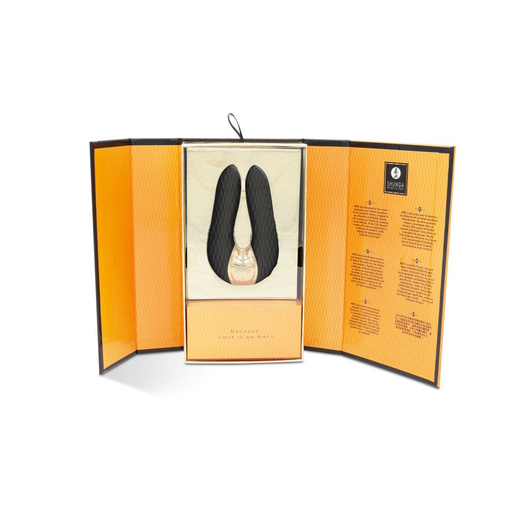 Verpackung mit Intim-Massagegerät. Schwarzes Gerät mit goldenen Akzenten. Marke: Shunga.