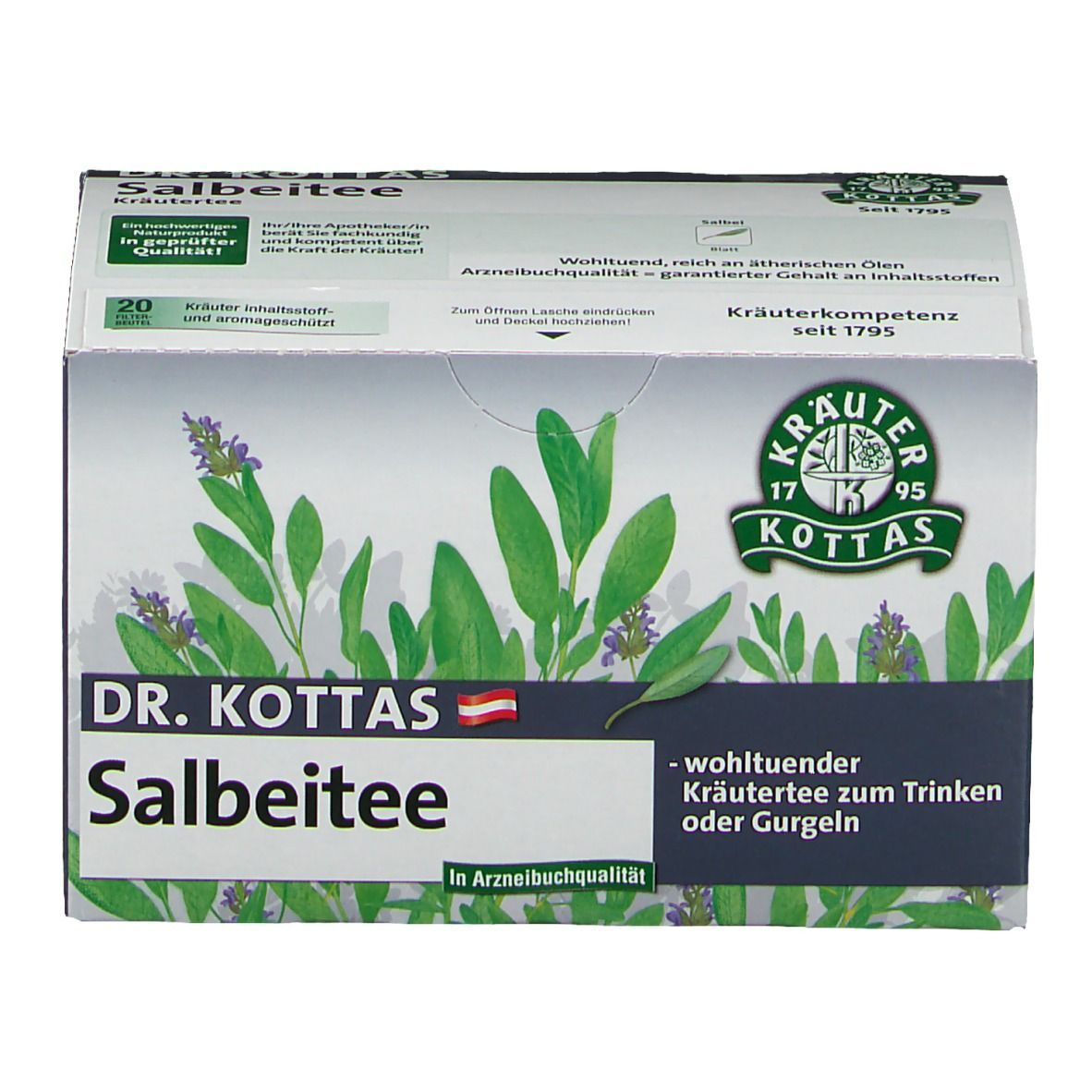 Dr. Kottas Salbeitee-Schachtel. Kräuterabbildung, Text und Logo. 20 Teebeutel. In Arzneibuchqualität.