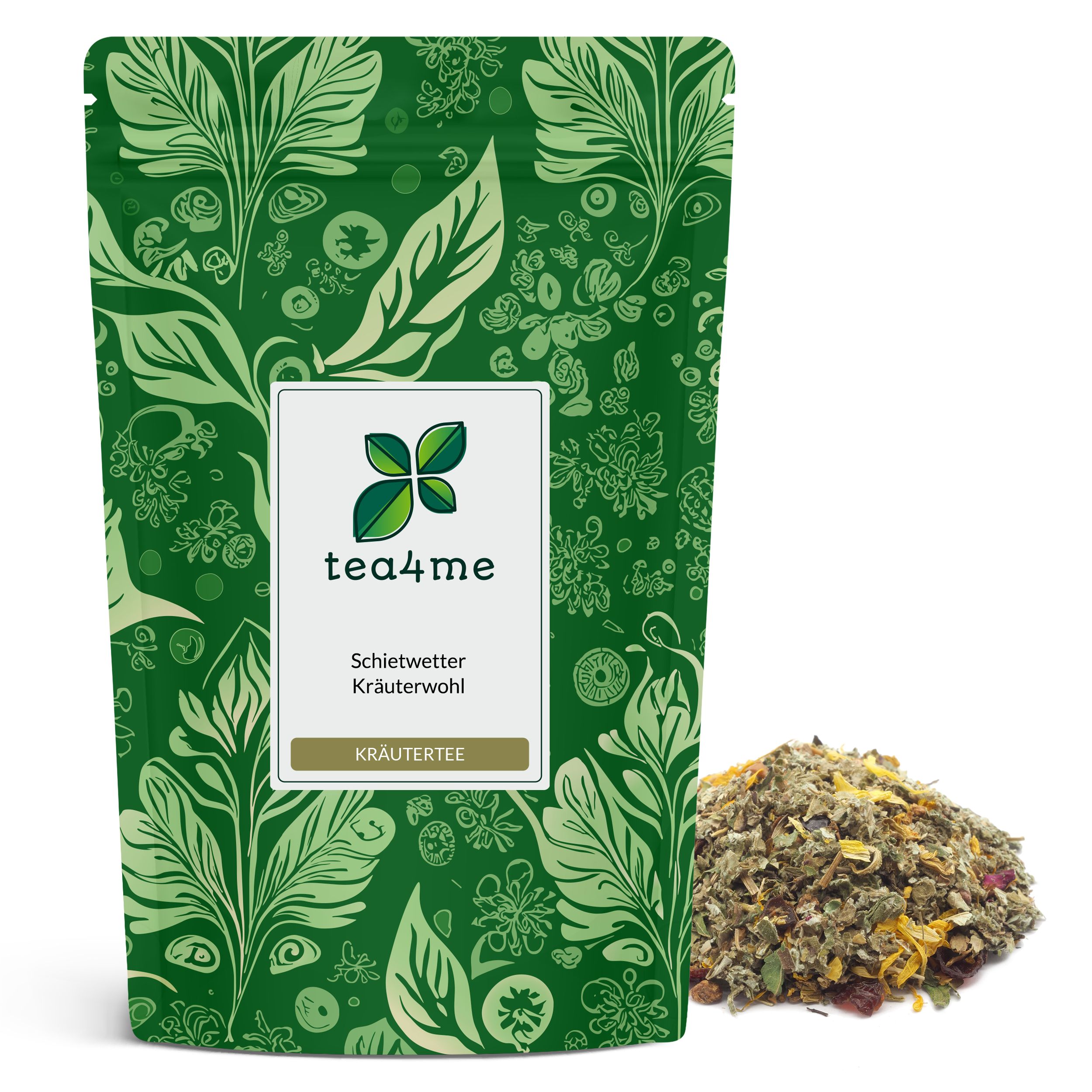Grüner Beutel mit Kräutermischung. Aufschrift tea4me Schietwetter Kräuterwohl Kräutertee. Daneben Kräutermischung.