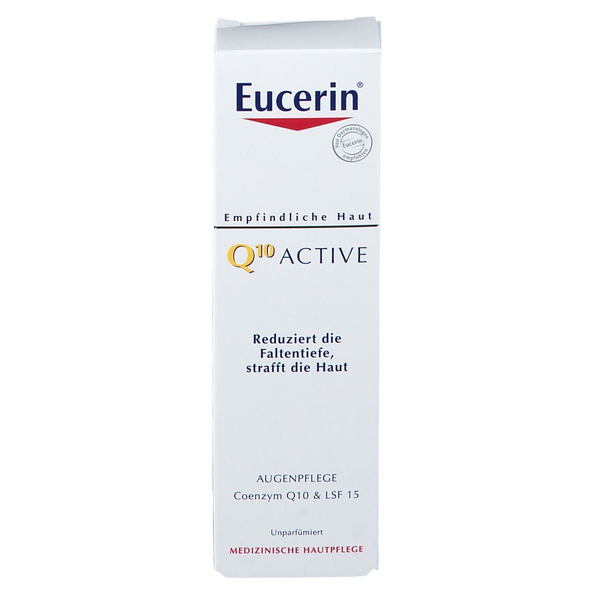 Weiße Verpackung mit Eucerin-Logo, Q10 Active und Produktinformationen. Text in Schwarz.