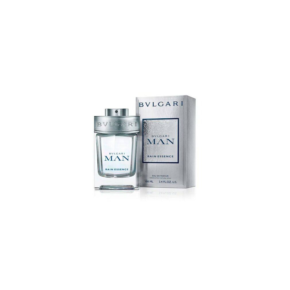 Bvlgari Man Rain Essence Eau de Parfum Spray und Verpackung auf weißem Hintergrund.