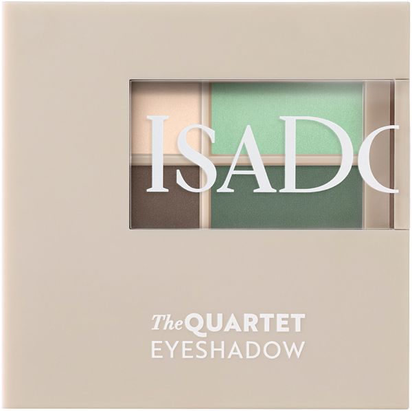 Lidschatten-Quartett in beiger Verpackung. Vier Farbtöne durch Fenster sichtbar. Marke: IsaDora. Text: The Quartet Eyeshadow.