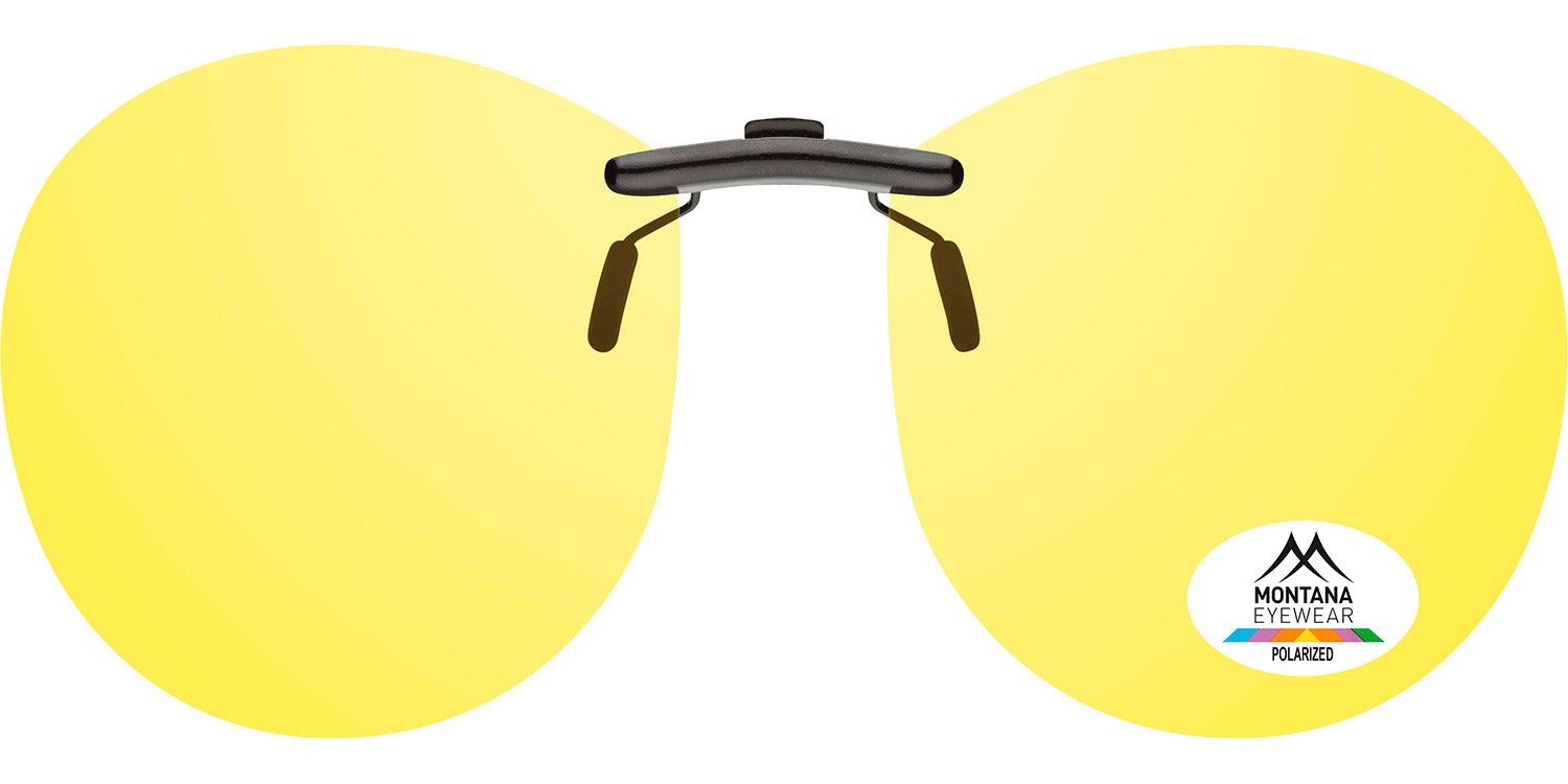 Gelbe Clip-on-Sonnenbrille mit Montana Eyewear Logo. Runde Gläser, schwarzer Rahmen. Polarisiert.