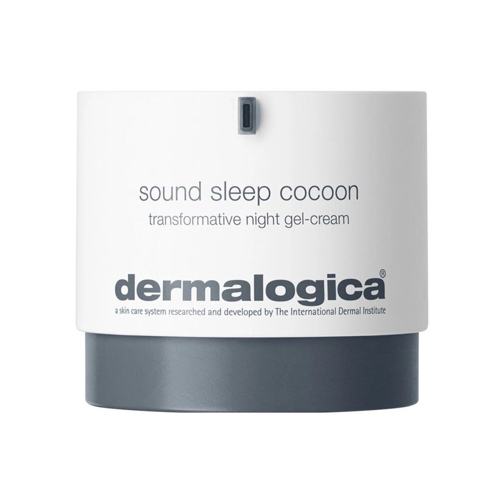 Zylinderförmiger Behälter mit grauem Boden. Aufschrift: sound sleep cocoon, transformative night gel-cream, Dermalogica.
