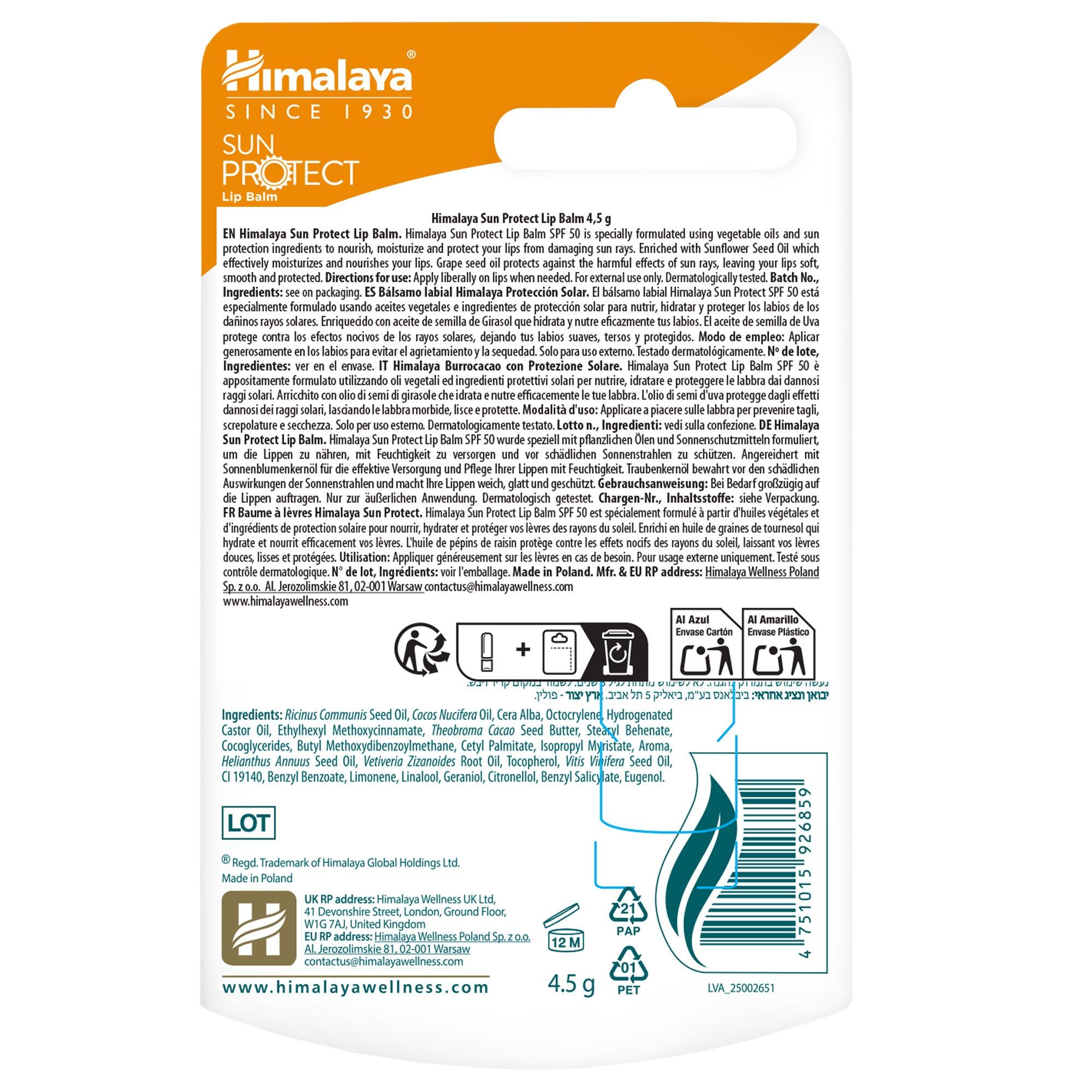 Rückseite der Verpackung des Himalaya Sun Protect Lippenbalsams mit Inhaltsstoffen und Anwendungshinweisen.