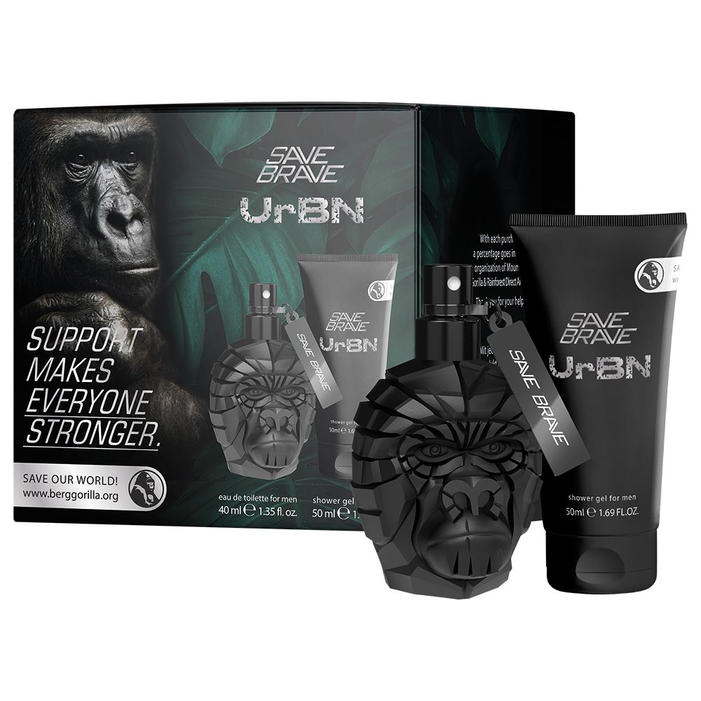 Geschenkset mit Eau de Toilette und Duschgel. Schwarze Flakons mit Gorilla-Kopf-Design. Verpackung mit Gorilla-Bild und Schriftzug.