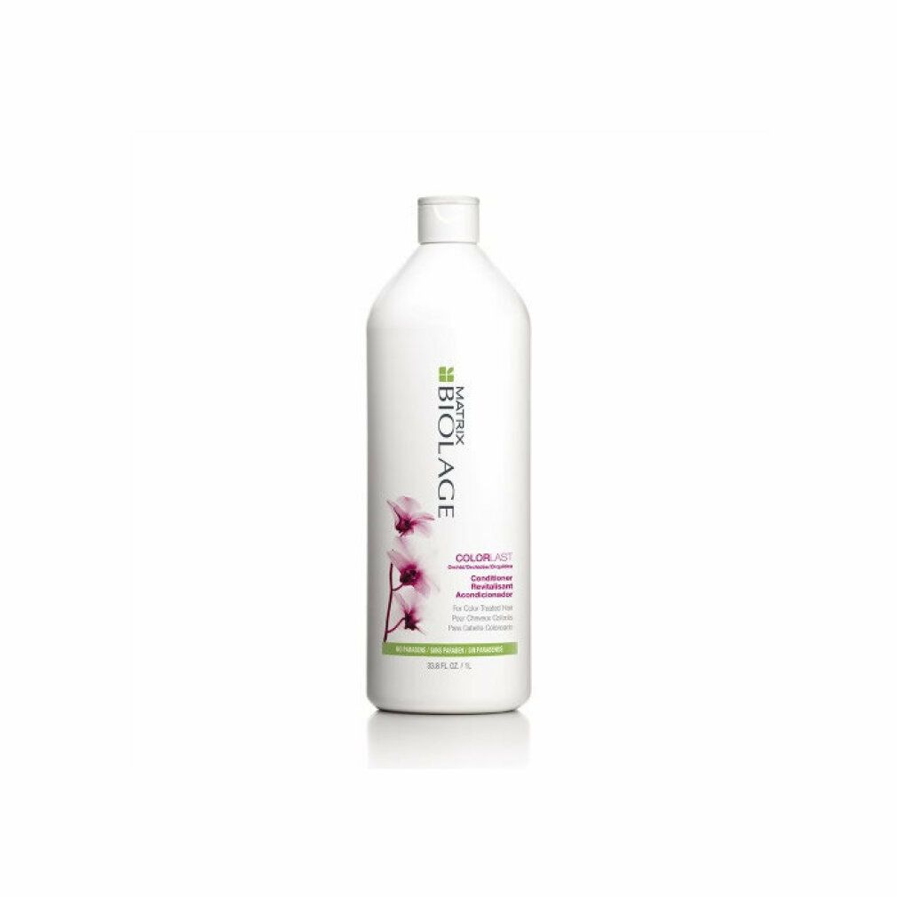 Weiße Flasche mit grünem und rosa Etikett. Aufschrift: Biolage, Colorlast, Conditioner. Enthält eine Abbildung einer Blume.