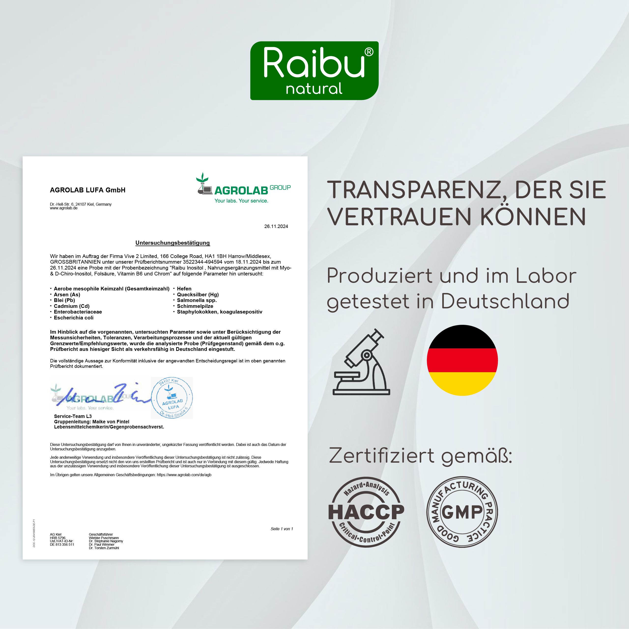 Zertifikat von Agrolab. Text: Produkt getestet in Deutschland. Logos: HACCP, GMP. Deutsche Flagge.
