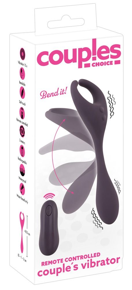 Verpackung mit Produktabbildung. Aufschrift: Couples Choice. Fernbedienbarer Vibrator. Farbe: Lila. Mit Zubehör.