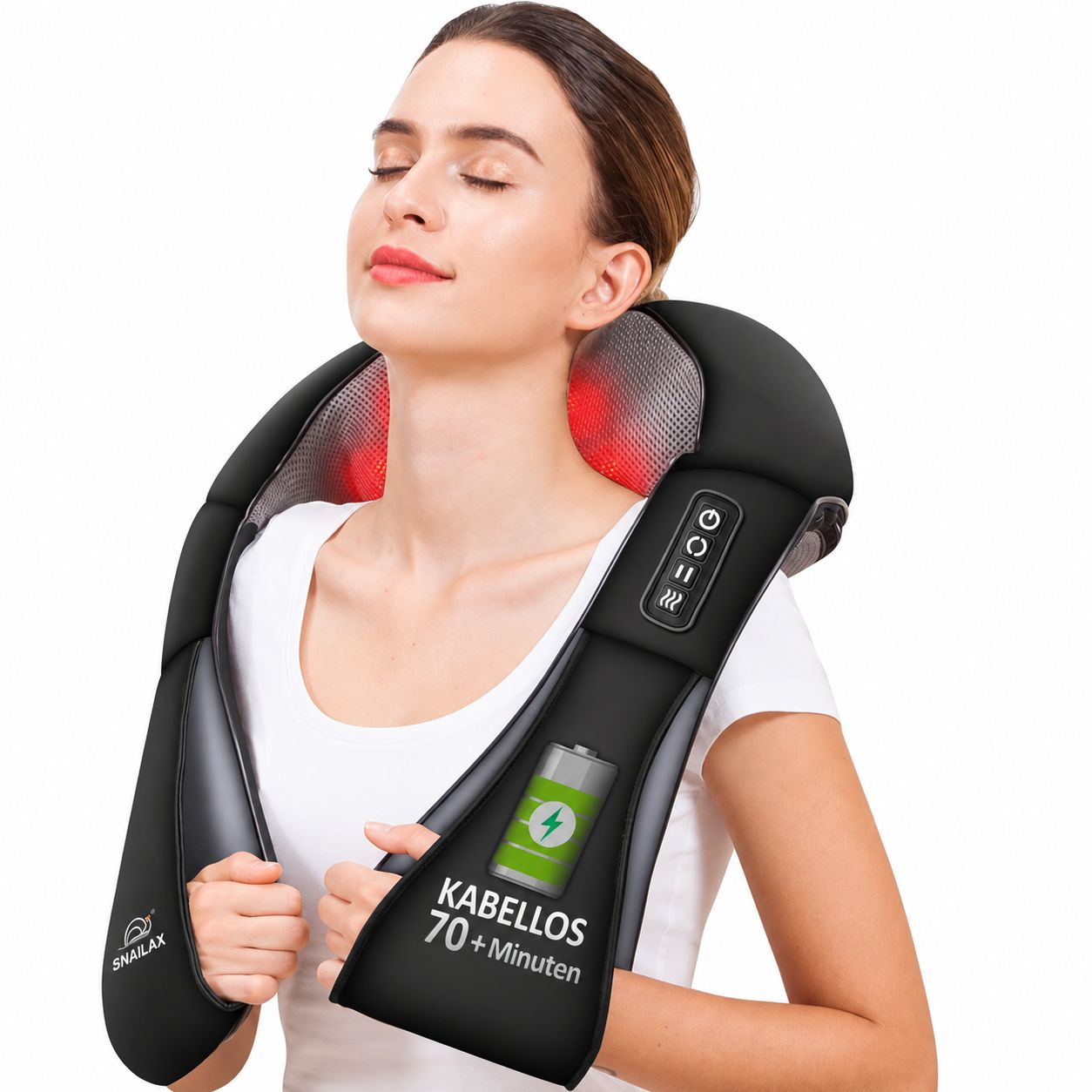 Schwarzer Nackenmassagegerät mit Heizfunktion und Bedienelementen.