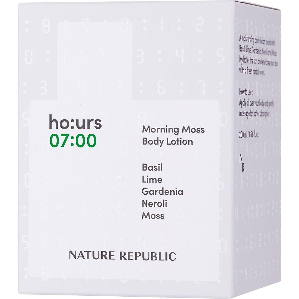 Weiße Verpackung mit Text. Aufschrift: ho:urs 07:00, Morning Moss Body Lotion, NATURE REPUBLIC. Inhaltsstoffe aufgelistet.