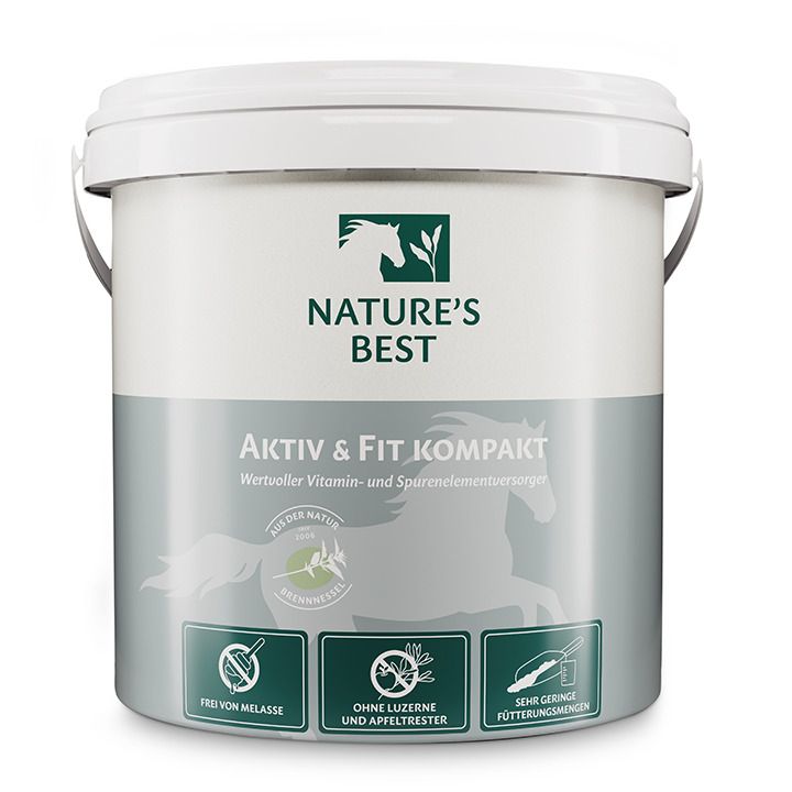 Eimer mit Aufschrift "Nature's Best Aktiv & Fit kompakt". Weißer Eimer mit Griff, Produktinformationen und Logo.