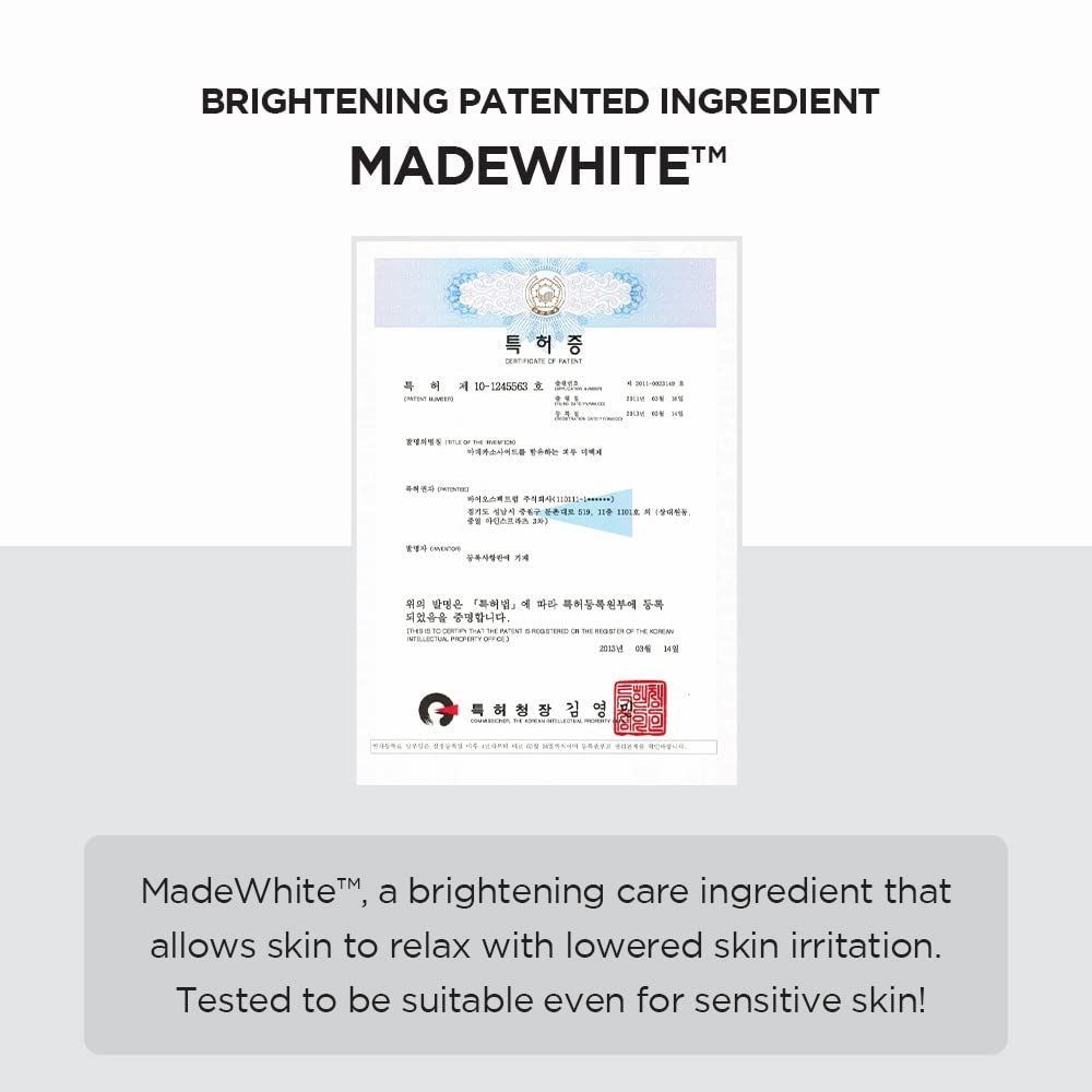 Zertifikat mit Text. Text: MadeWhite, ein aufhellender Inhaltsstoff, der die Haut beruhigt. Geeignet für empfindliche Haut.