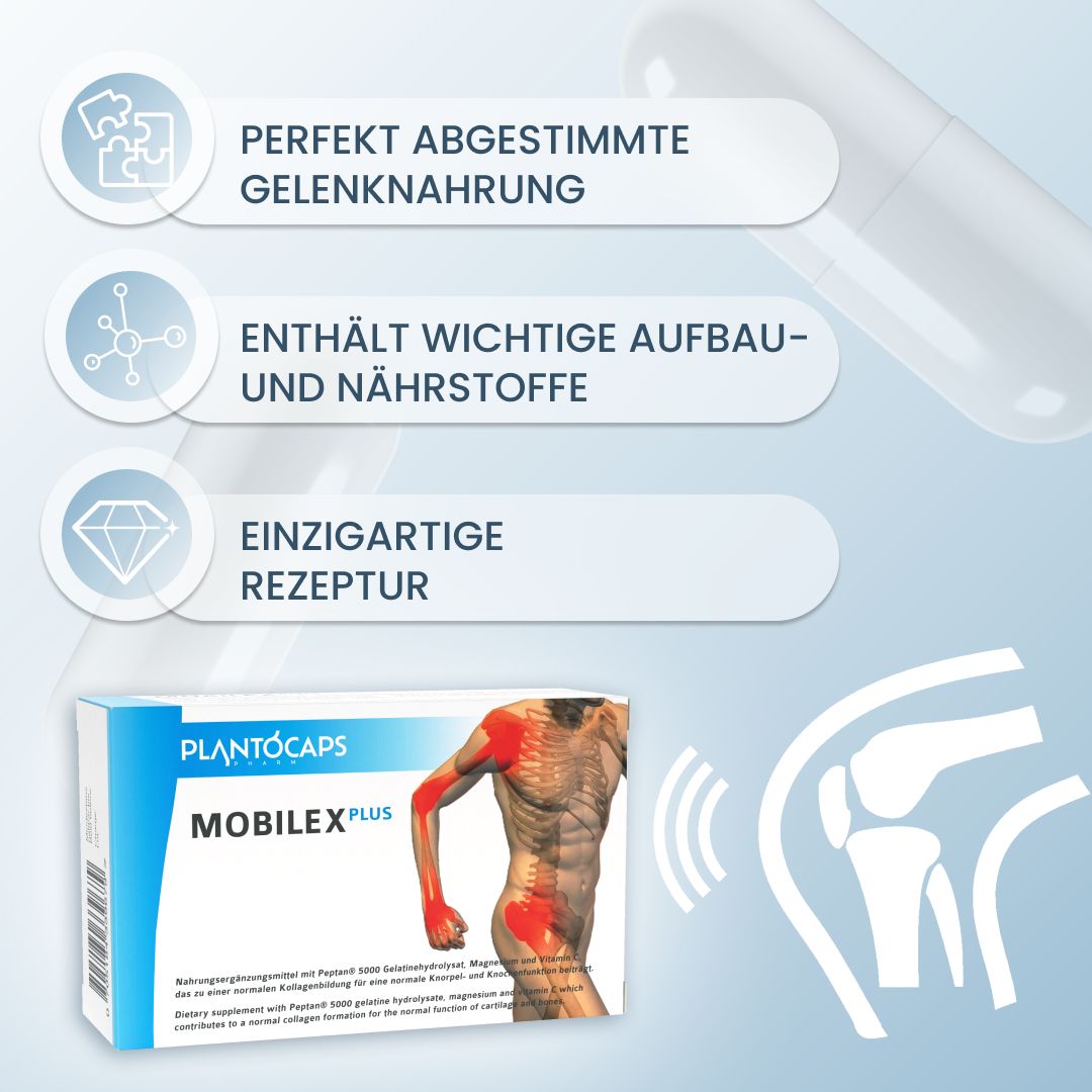 Grafik mit plantoCAPS MOBILEX PLUS. Text: Perfekt abgestimmte Gelenknahrung, enthält wichtige Aufbau- und Nährstoffe.
