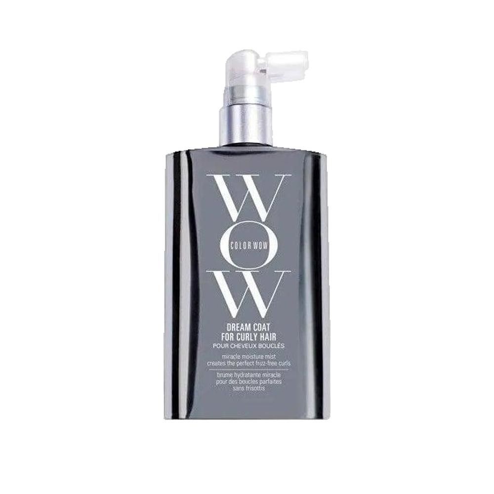Graue Flasche mit Sprühkopf. Weißer Text: COLOR WOW, DREAM COAT FOR CURLY HAIR. Produktname und Beschreibung.