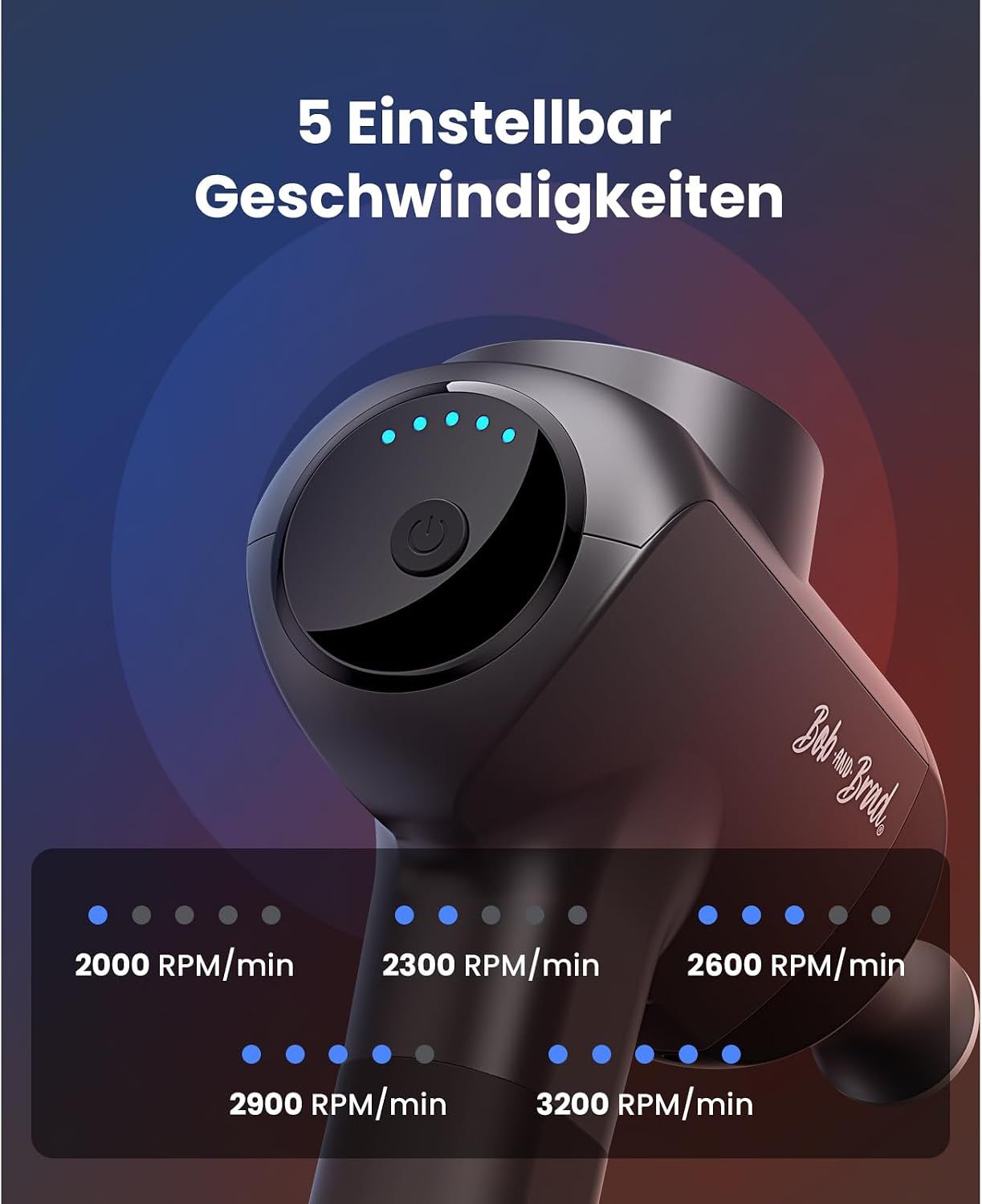Massagepistole mit 5 einstellbaren Geschwindigkeiten und LED-Anzeige.