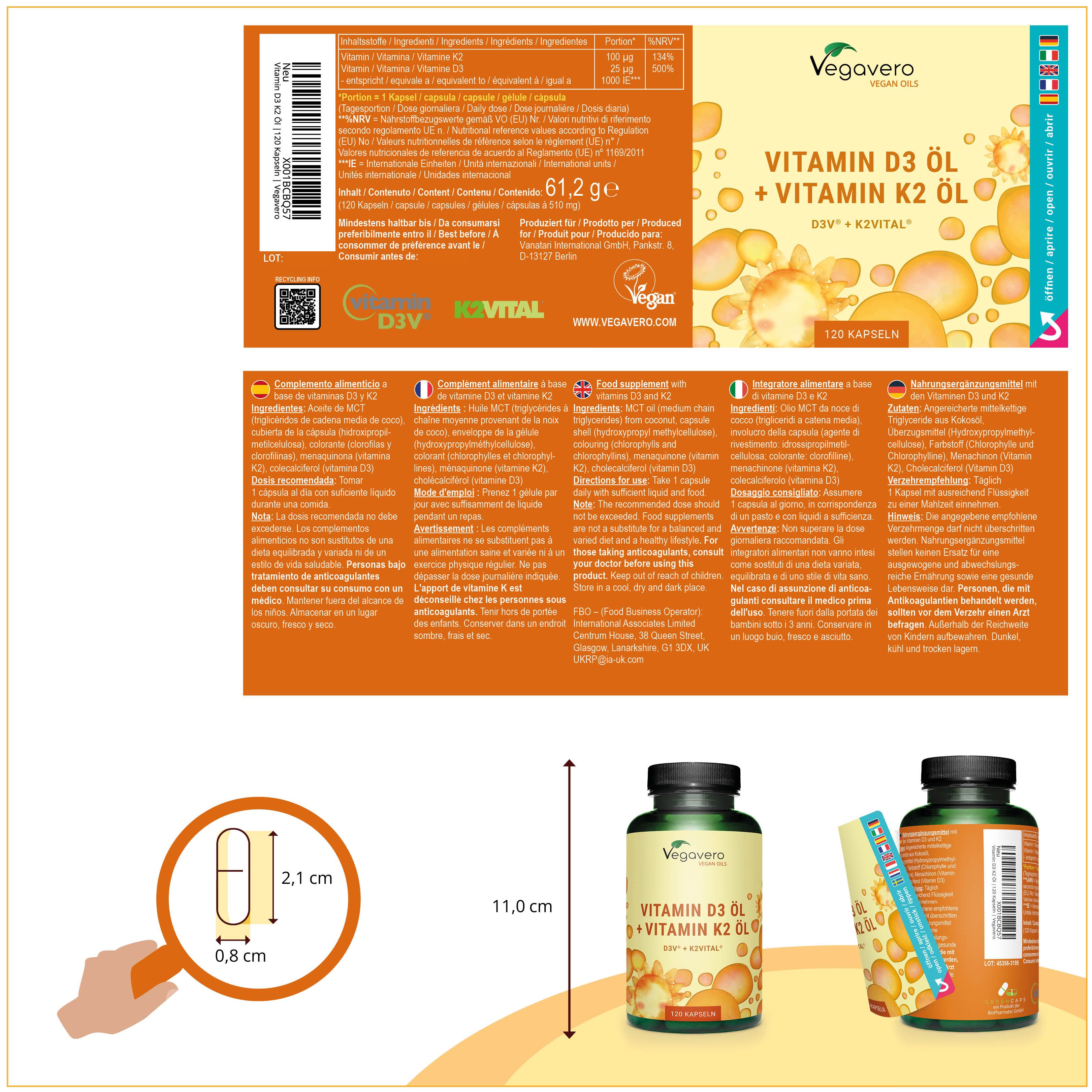 Produktinformationen. Flasche mit Etikett: Vitamin D3 + Vitamin K2 Öl. Kapselgröße: 0,8 x 2,1 cm. 11,0 cm hoch.
