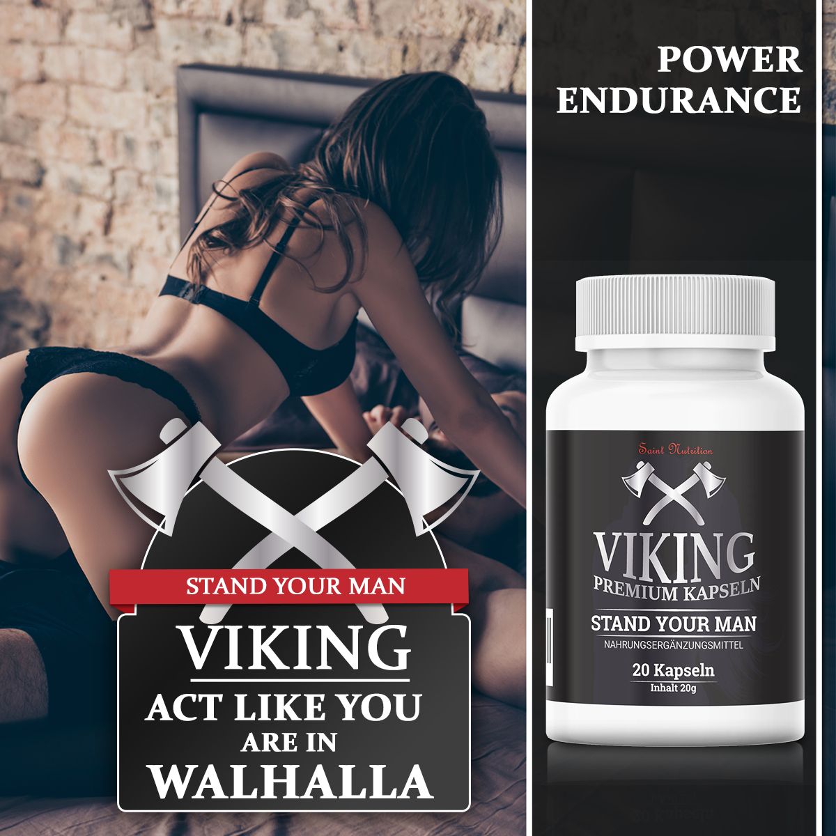 Werbebild mit Flasche. Aufschrift: VIKING Premium Kapseln, 20 Kapseln. Bild einer Frau und Text: ACT LIKE YOU ARE IN WALHALLA.