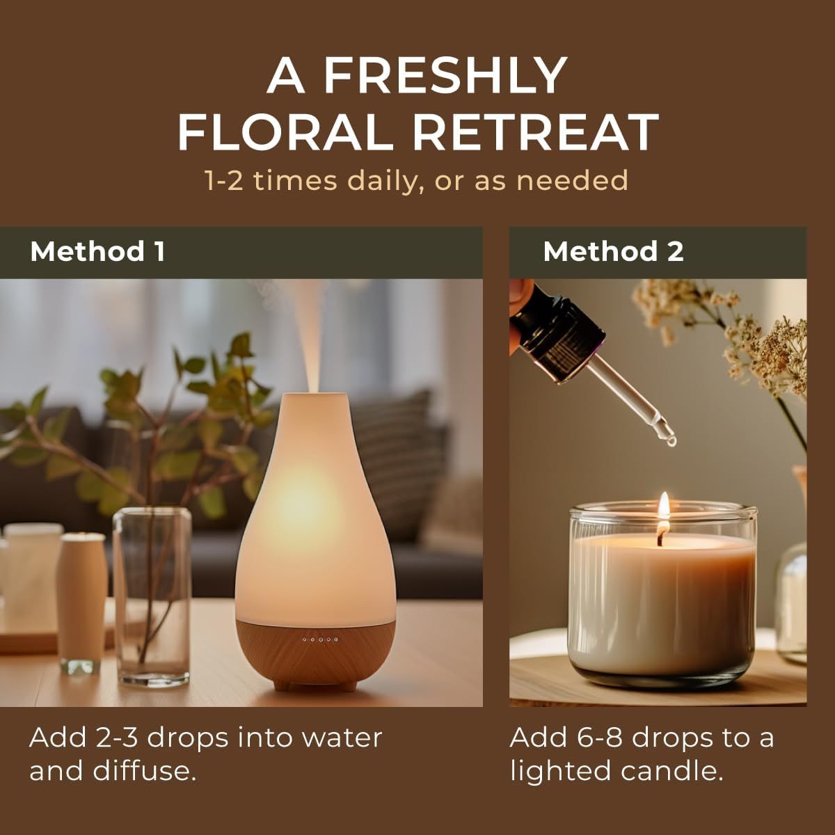 Zwei Anwendungsmethoden: Diffusor mit Dampf und Kerze mit Tropfen. Text: FRISCH FLORALES RETREAT.