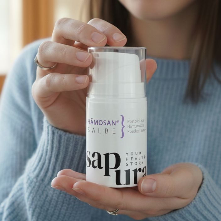 Weißer Spender mit transparentem Deckel. Aufschrift: Hämorrhoiden Salbe, HämoSan, Sapura. Frau hält Produkt.
