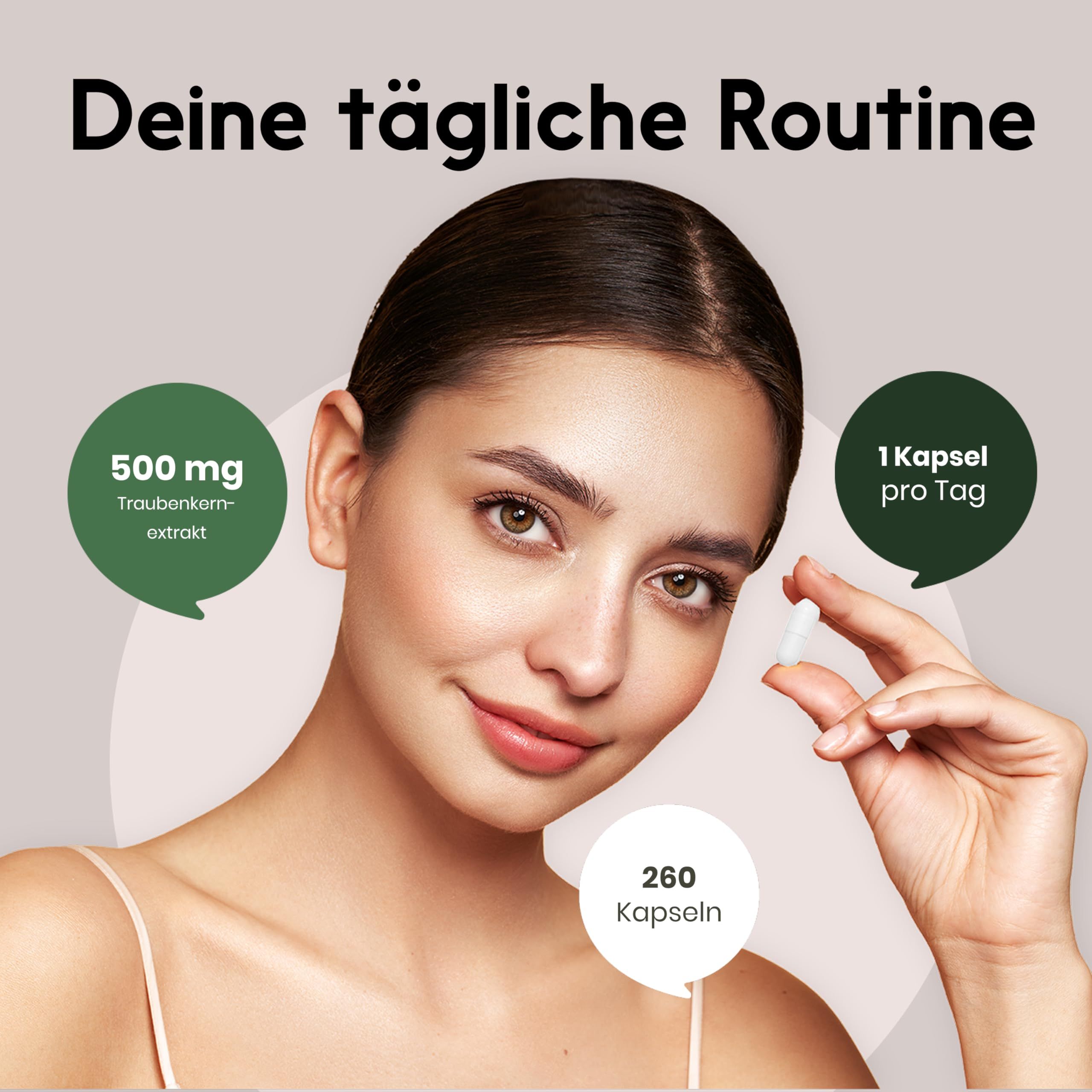 Frau hält Kapsel. Text: "500 mg Traubenkernextrakt", "1 Kapsel pro Tag", "260 Kapseln".