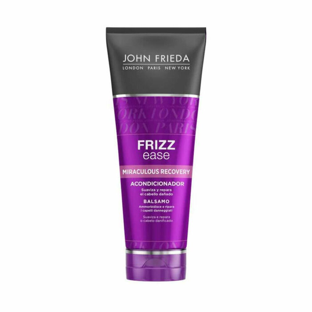 Violette Tube mit schwarzem Deckel. Aufschrift: John Frieda, Frizz Ease, Miraculous Recovery Conditioner. Für trockenes, geschädigtes Haar.