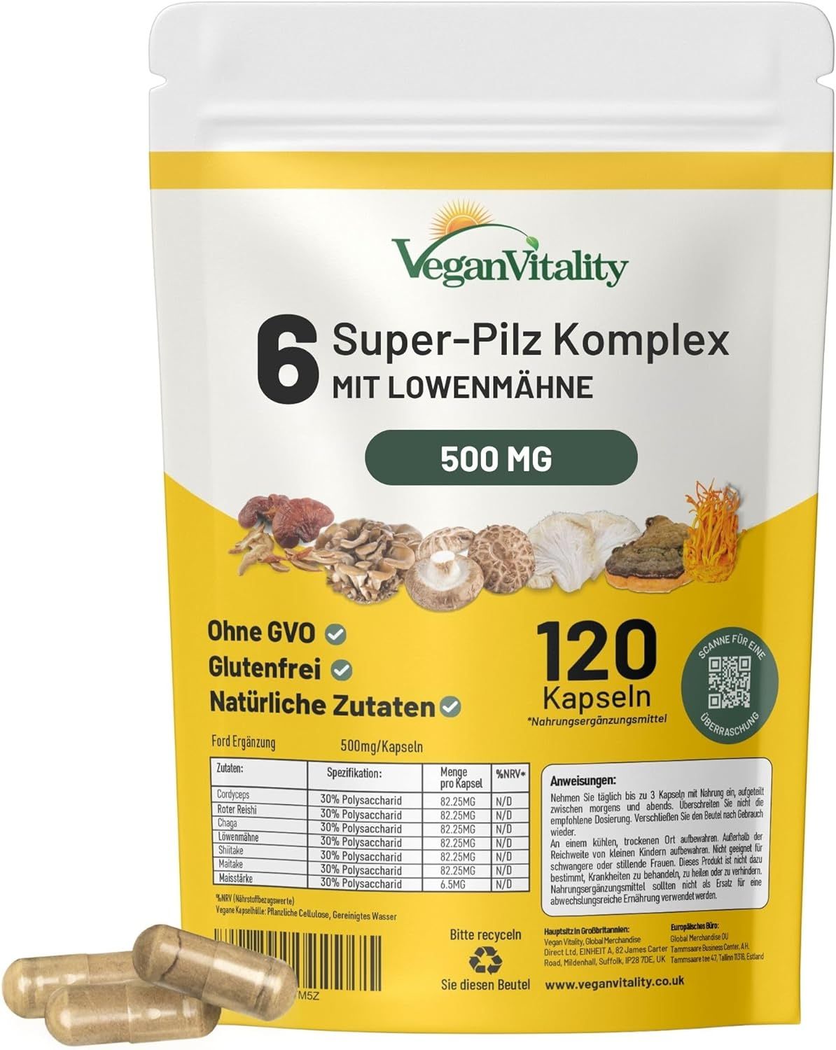 Beutel Vegan Vitality 6 Super-Pilz Komplex Kapseln. 120 Kapseln. 500 mg. Zutaten: Cordyceps, Maitake, Shiitake, Reishi, Löwenmähne. Ohne GVO, glutenfrei, natürliche Zutaten.