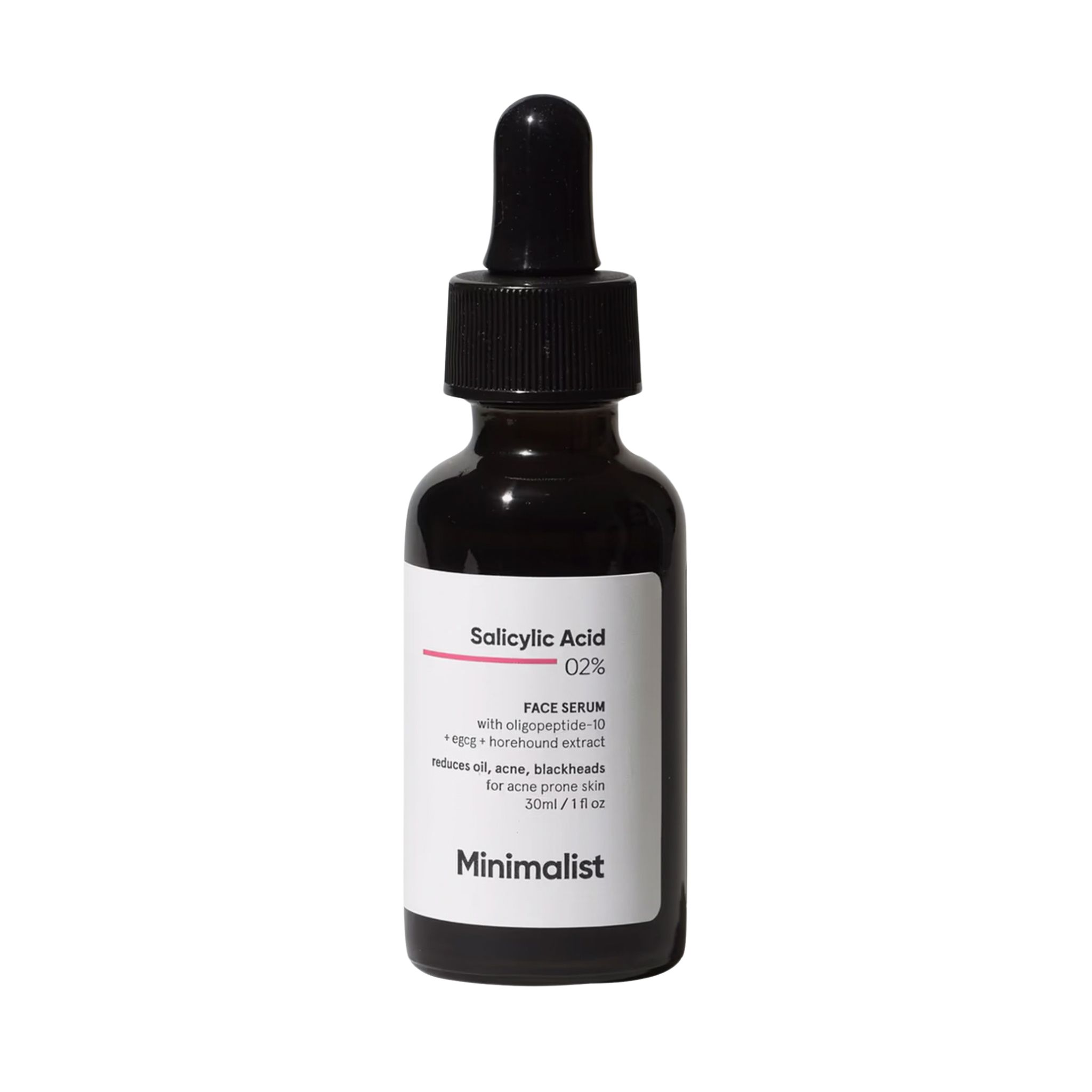 Flacon en verre brun avec compte-gouttes noir. Étiquette "Salicylic Acid 02%" et "Minimalist".