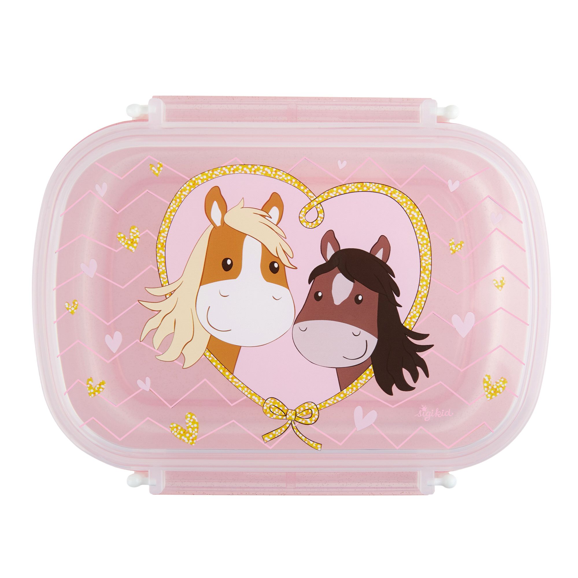 Geschlossene rosa Brotbox mit Pony-Motiv. Zwei Pferde in Herzform auf dem Deckel. Goldene Akzente.